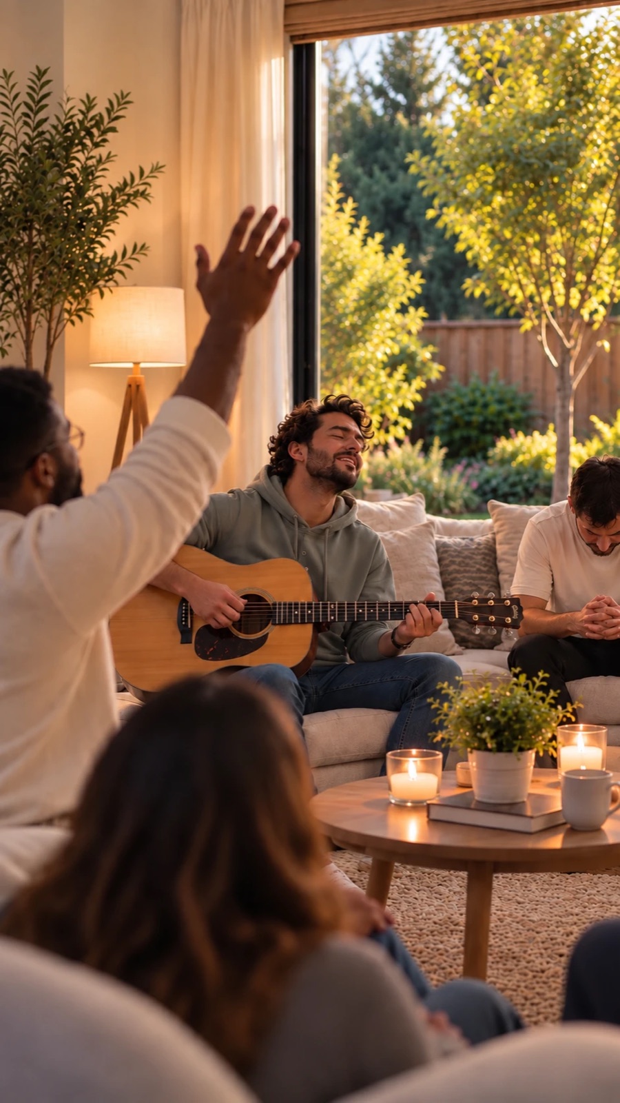 Friends worshipping together with a guitar in a living room