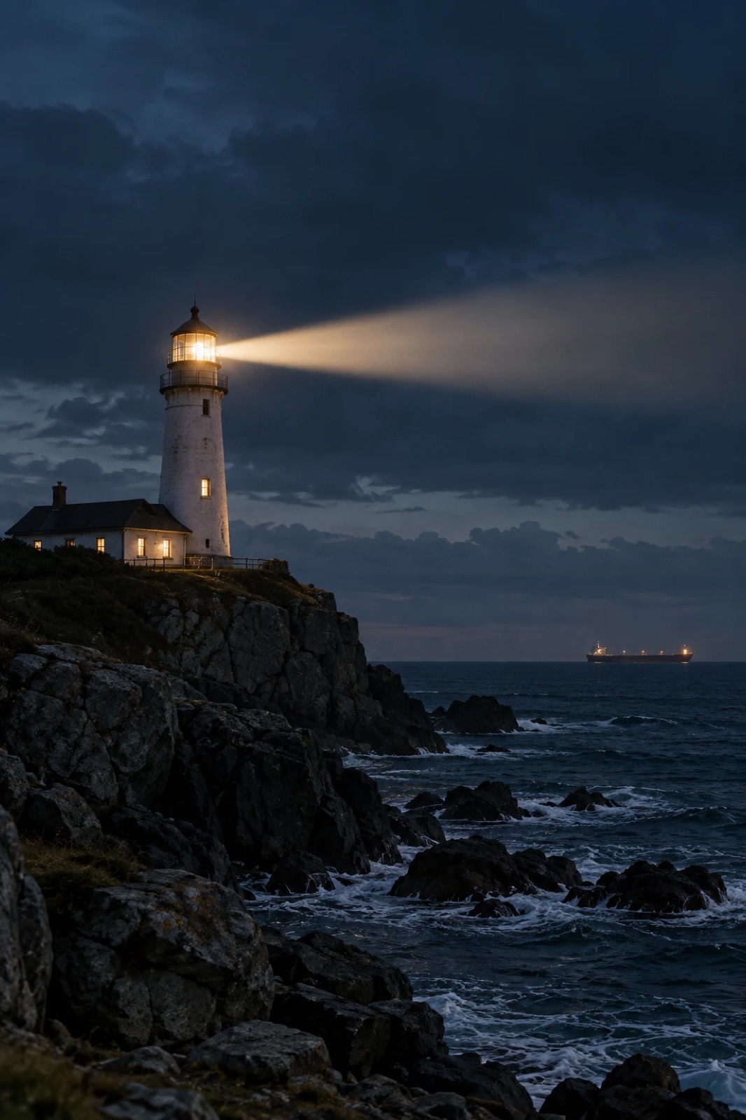 A lighthouse on a rocky coast at night, shining its beam out to sea